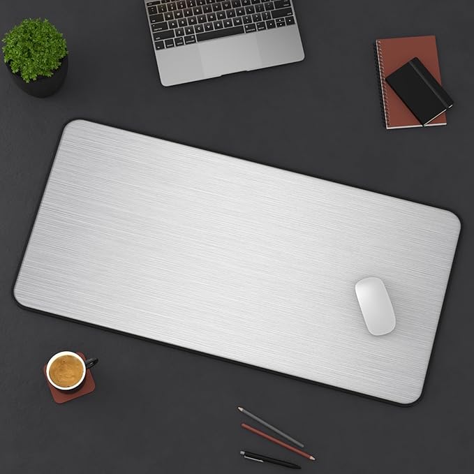 Brushed Metal Texture Desk Mat - Extended Mouse Pad & Desk Pad, Neoprene Surface, Non-Slip Rubber Base, Stitched Edges, Desk Protector for Keyboard & Mouse (Silver, 16x32)