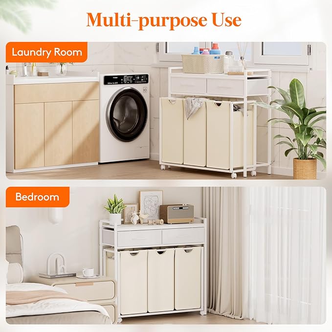 Lifewit Laundry Hamper 3 Section, Large Rolling Laundry Sorter with Shelf & 2 Drawers, Pull-Out Laundry Basket Organizer with Wheels and Removable Bag, White and Beige
