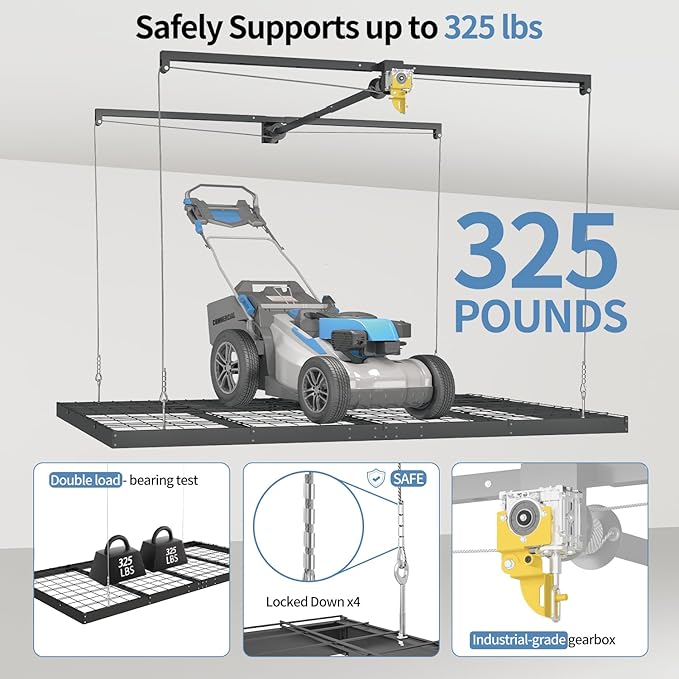 Overhead Garage Storage Rack – 4x8 FT Garage Ceiling Storage Racks with Safety Lock, Heavy-Duty Ceiling Mounted Lift System and Storage Organizer, Ideal for Maximizing Overhead Space, 325 lbs Capacity