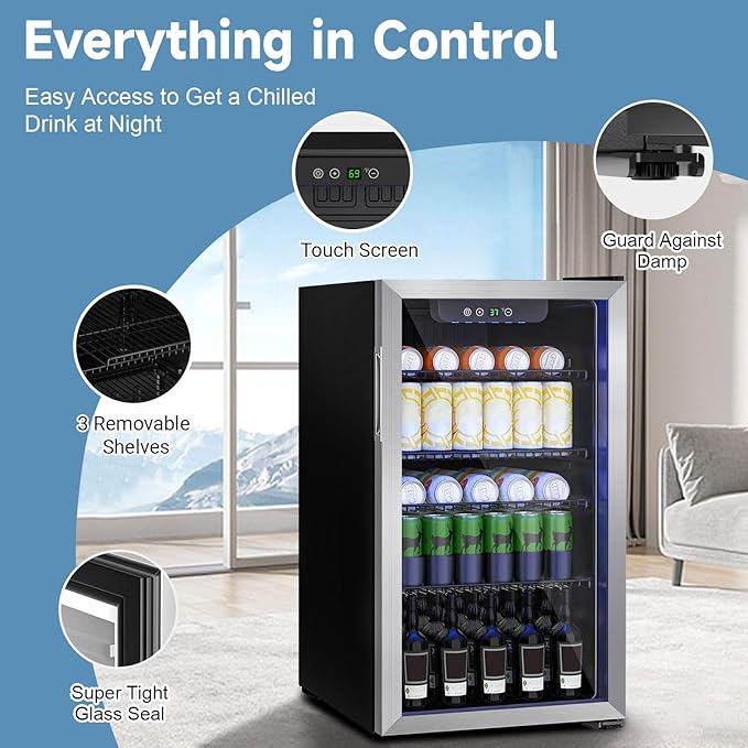 Beverage Refrigerator Cooler, 105 Can/3.0 Cubic Feet Mini Fridge with Glass Front Door, Digital Display Small Refrigerator with Adjustable Shelves for Soda, Beer or Wine
