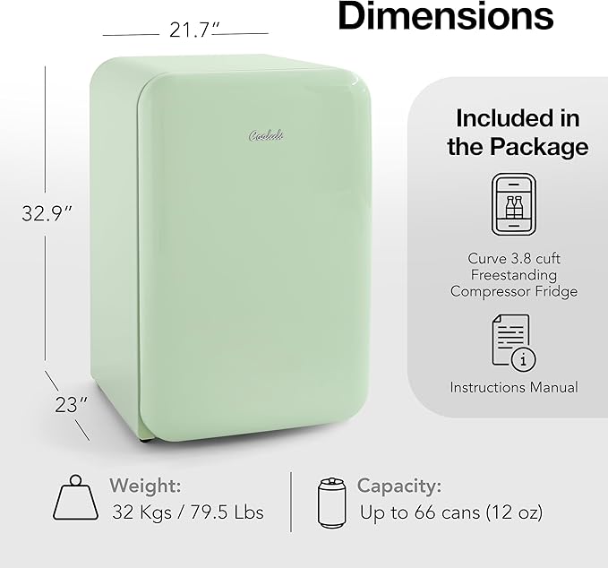 Cooluli Curve 3.8 cu ft Mini Fridge with Freezer - Small Refrigerator for Bedroom, Office, Dorm Room (Green, 3.2 cu.ft Refrigerator, 0.6 Freezer)
