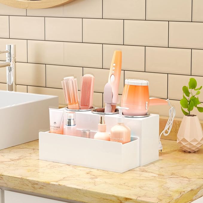 NIUBEE Hair Tool Organizer, Acrylic Hair Dryer and Styling Holder, Bathroom Countertop Blow Dryer Organizer, Vanity Storage Stand for Accessories, Makeup, Toiletries (White)