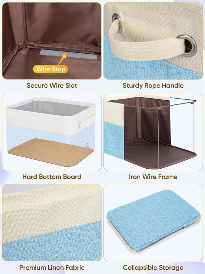 BALEINE 4 Pack Fabric Storage Bins for Shelves, Linen Storage Baskets for Organizing, Decorative Closet Bins for Clothes, Home (Skyblue, 14''x10''x8.5'')