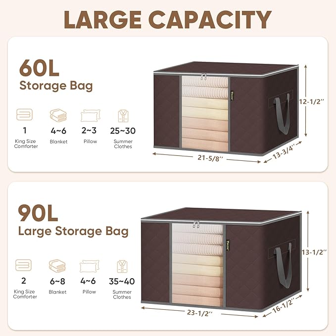 BALEINE 2 Pack Clothes Storage Bags, 16 Gallon Storage Containers with Reinforced Handle, Sturdy Zipper, Closet Organizer for Blanket, Comforter, Pillow, Bedding (Brown, 2 Pack)