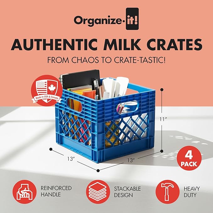 ORGANIZE-IT! 4 Pack Storage Milk Crate, Heavy Duty Versatile Box Organizers with Easy-Grip Handles, Interior 12.25"L x 12.25"W x 10.5"H, Blue