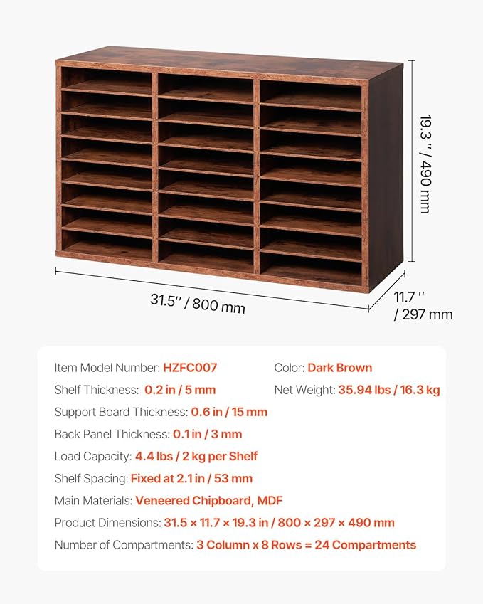 VEVOR Literature Organizer, 24 Compartments Office Mailbox with Removable Shelves, Wooden Mailbox Sorter Particle Board Office Home Classroom Storage, File Sorter for Documents, Papers, Retro Brown
