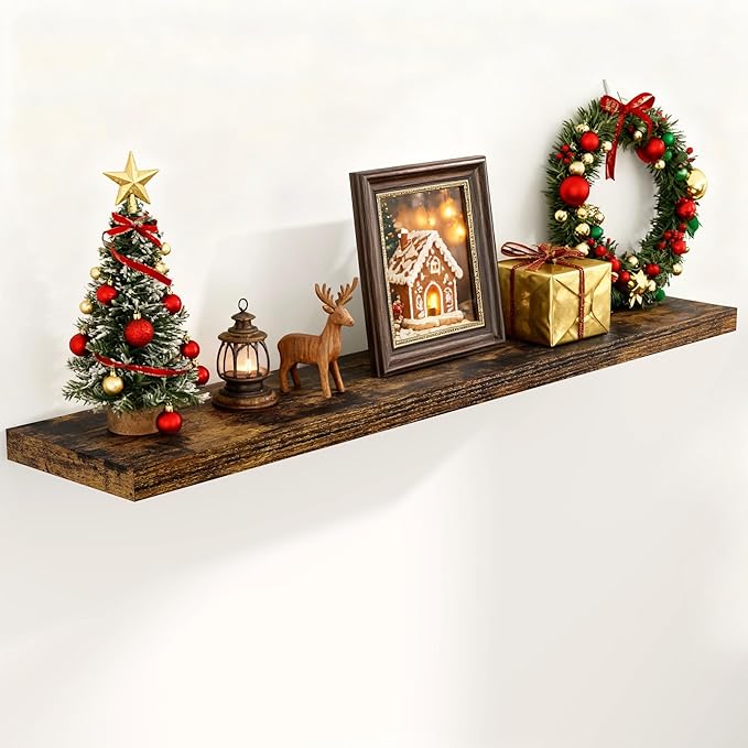 Fun Memories 55Inch Floating Shelves for Wall 1 Pack Shelves for Bedroom|Kitchen|Bathroom Wall Mounted Rustic Wood Floating Shelf with Invisible Brackets for Books|Storage|Decor, Rustic Brown
