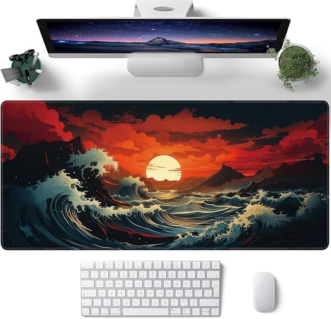 Japanese Sea Wave Large Mouse Pad,Gaming Keyboard Desk Pad,Extended Mouse Mat Non-Slip Rubber Base with Stitched Edges for Office Game Home XXL 35.4"x15.7"
