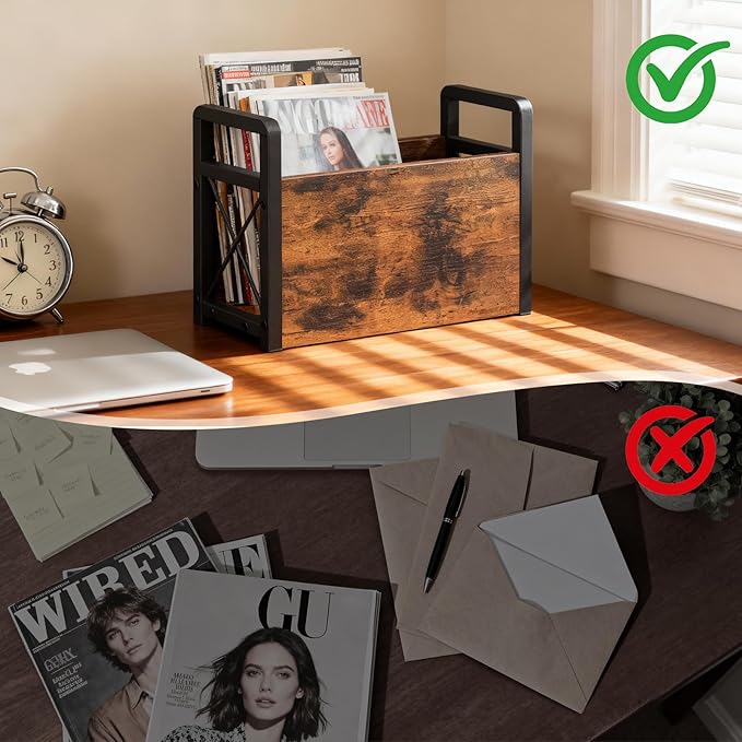 Magazine Holder, Magazine Rack Floor, Magazine Storage Basket, Magazine Rack for Desktop Home Office, Wooden Mail Organizer for Books, Newspapers, Mails, Rustic Brown and Black MR01BR