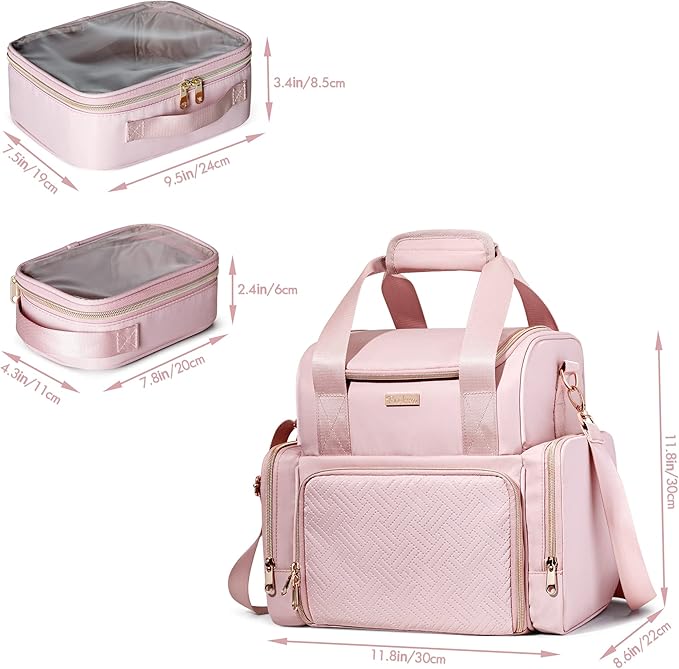 Large Makeup Cosmetic Bag with 3 Removable Case, Double Layer Travel Makeup Organizer Case with Inner Dividers and Makeup Brushes Storage Section, Pink (Patented Design)