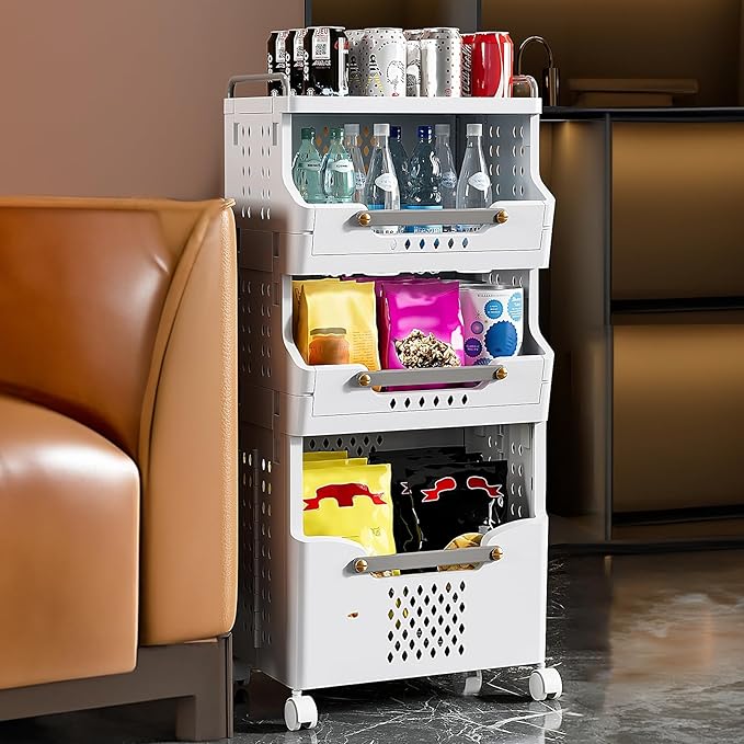 Laundry Basket with Wheels,Rolling Folding Laundry Hamper,Utility cart,Kitchen Storage Cart,Stackable Storage Bins Open Front,Dirty Clothes Hamper,Plastic Laundry Room Organization