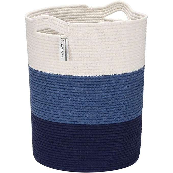 Sea Team Large Size Cotton Rope Woven Storage Basket with Handles, Laundry Hamper, Fabric Bucket, Drum, Clothes Toys Organizer for Kid's Room, 20 x 14 inches, Round Open Design, White & Navy