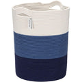 Sea Team Large Size Cotton Rope Woven Storage Basket with Handles, Laundry Hamper, Fabric Bucket, Drum, Clothes Toys Organizer for Kid's Room, 20 x 14 inches, Round Open Design, White & Navy