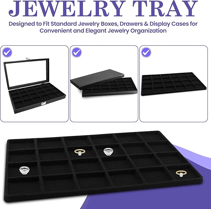 Novel Box 5 Pack 24-Slot Black Liner Jewelry Storage Tray Inserts 14.75x8.25x1 Inches - Jewelry Organizer Pad for Drawers & Store Displays - Jewelry Display Pads for Rings Earrings & Pendants