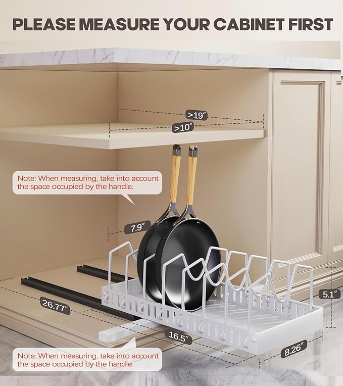 Pull Out Pots and Pans Organizer Under Cabinet, Sliding Lid Holder and Pan Rack in Kitchen, Slide Out inside Cabinet Storage for Pot Lid, Bakeware, Dishes, 8 Adjustable Dividers, 1 Pack White