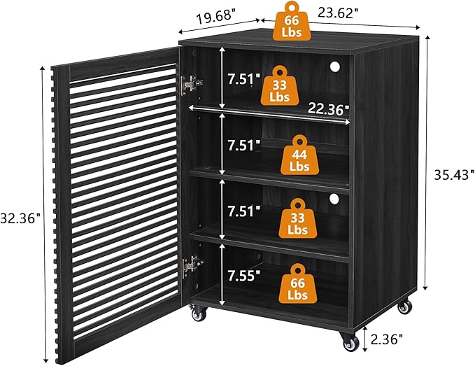 LEVNARY 5-Tier AV Media Cabinet with Grille Door, Modern Wooden Stereo Rack with Adjustable Shelves & Wheels, Audio Video Cabinet for Living Gaming Room Recording Studio (Black)