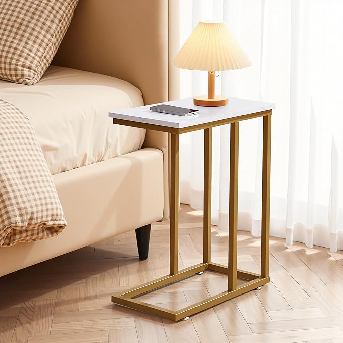 VECELO C Shaped End Side Table for Sofa Couch and Bed Snack TV Tray for Living Room Bedroom, 2 PCS, Gold