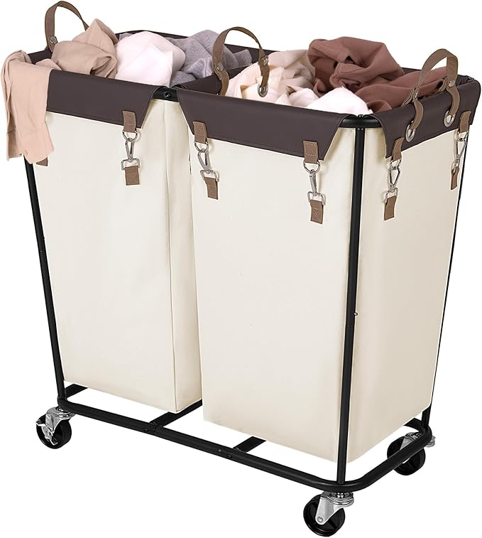 StorageWorks 280L Large Lanudry Hamper with Wheels, Laundry Basket with Wheels 2 Sections, Clothes Sorter Cart with Divider for Hotel, Home, Beige, 1-Pack