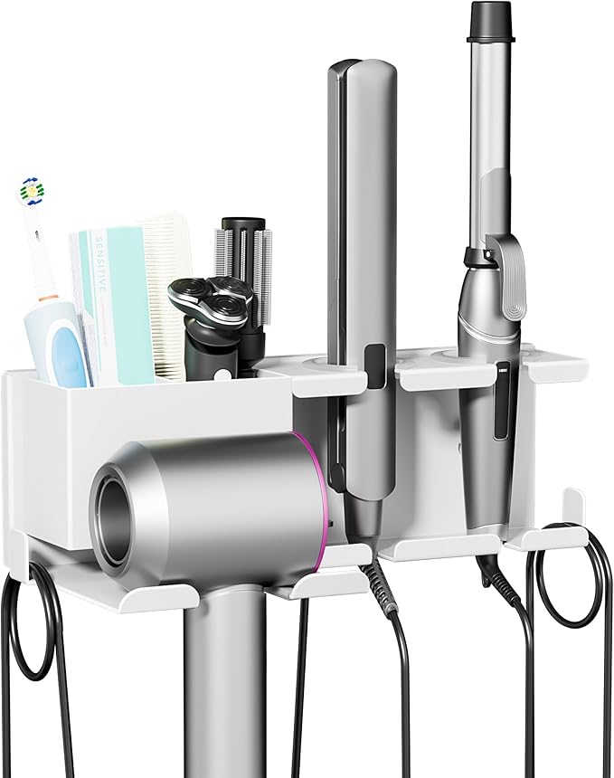 Hair Dryer Holder, Hair Tool Organizer Wall Mount, Metal Blow Dryer Holder, Curling Iron Holder, Curling Iron, Hair Dryer Wall Mount, Bathroom Accessories Tools Organizer, White