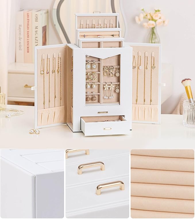 Homde Jewelry Organizer with Transparent Window Necklace Hooks Gift for Women Jewelry Box Display Case for Necklaces Rings Earrings Bracelets and Other Jewelry Accessories (White + Gold)