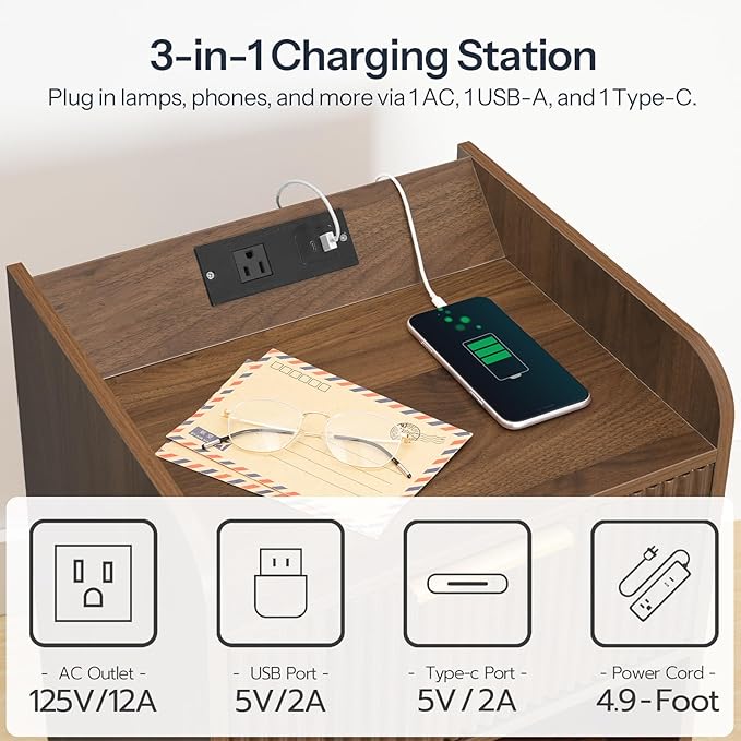 HOOBRO Fluted Nightstand with Charging Station, End Table with Hidden Drawer, Modern Bedside Table, Wooden Night Stand for Bedroom, Study, Dark Walnut WL351UBZ01