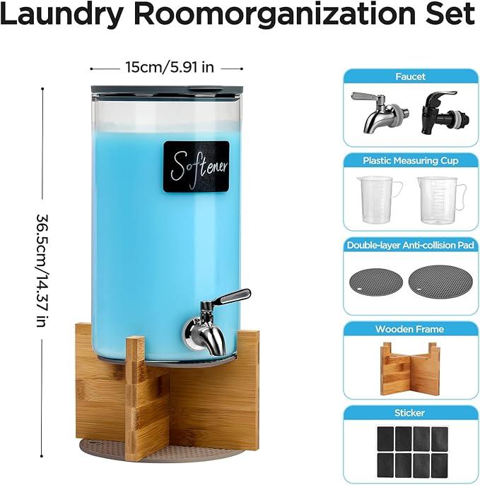 Glass Laundry Detergent Dispenser with Holder,1.1 Gallon Laundry Liquid Dispensers with Stainless-Steel Tap,Large Glass Fabric Softener Containers with Stand for Laundry Room Organization