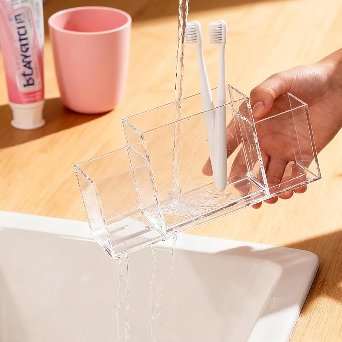 Acrylic Toothbrush Holder for Bathroom Counter, Clear Multi-Functional Toothbrush Organizer with Compartments for Electric Toothbrush, Toothpaste