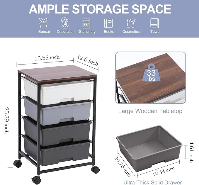 Utility Cart with 4 Drawers,Rolling Storage Cart with Drawers,Light Grey