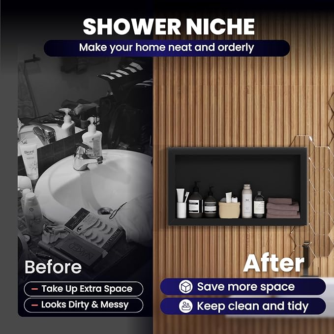 12" x 24" Stainless Steel Shower Niche, Single Waterproof Shelves, No-Tile Needed Bathroom Organizer, Rustproof Wall Shelf for Shampoo, Soap & Toiletries, Black