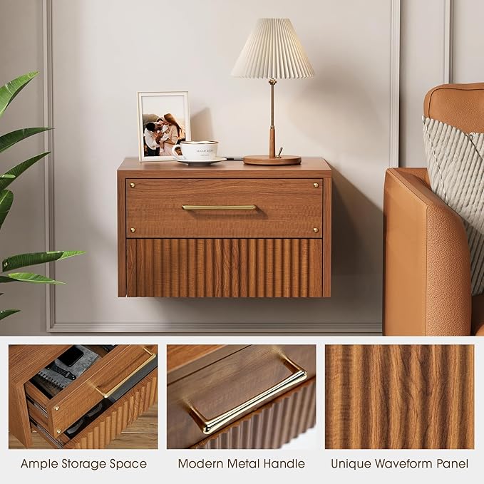 Floating Nightstand Set of 2, Mid Century Modern Wall Mounted Bedside Table with Charging Station, Fluted End Table with Storage Drawers for Bedroom, Home Small Space, Cherry, 2 PCS