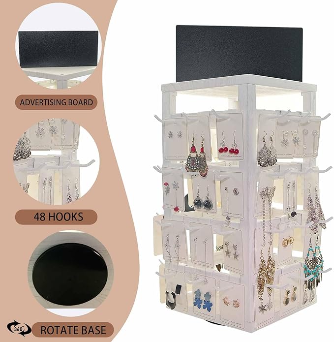 Wooden rotating Jewelry Display Stand with Removable 48 Hooks advertising board, For Earring Cards necklace bracelet Keychain Jewelry Organizer For Selling For vendor events (White)
