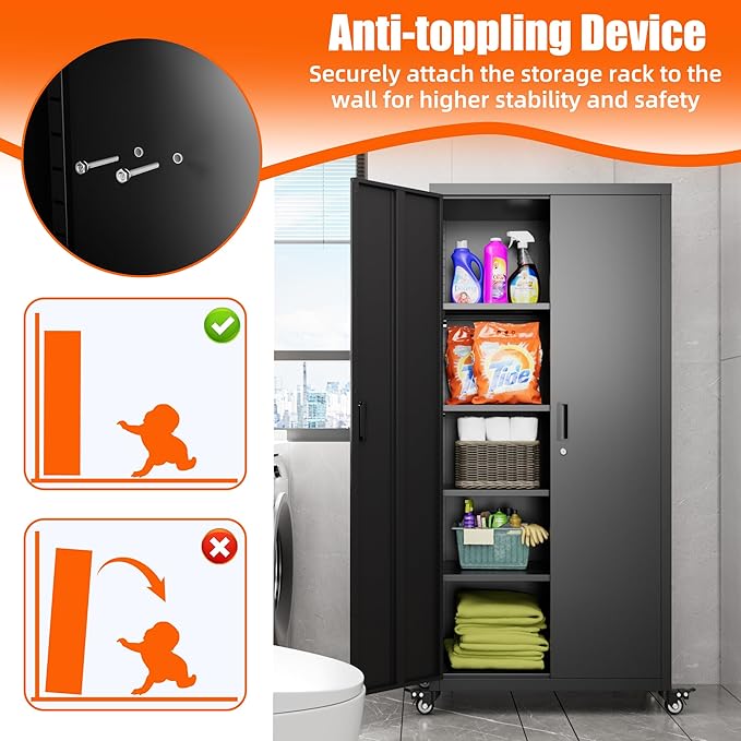 Aobabo 73" H Metal Storage Cabinet with Wheels for Garage, Rolling Tool Cabinet with 4 Shelves, for Home Office, Black, Assembly Required