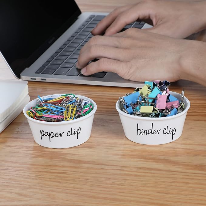 ONTUBE Ceramic Paper Clip Holder and Binder Clip Holder Set (White)