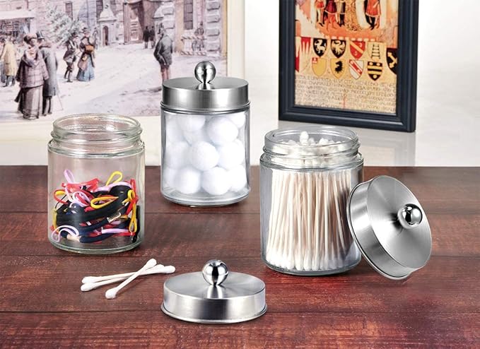 Amolliar 6Pc Apothecary Jars Bathroom Vanity Organizer- Rustic Farmhouse Decor Storage Canister&Stainless Steel Lids- Qtip Dispenser for Q-Tips,Cotton Swabs,Rounds,Ball,Flossers (Brushed Nickel)