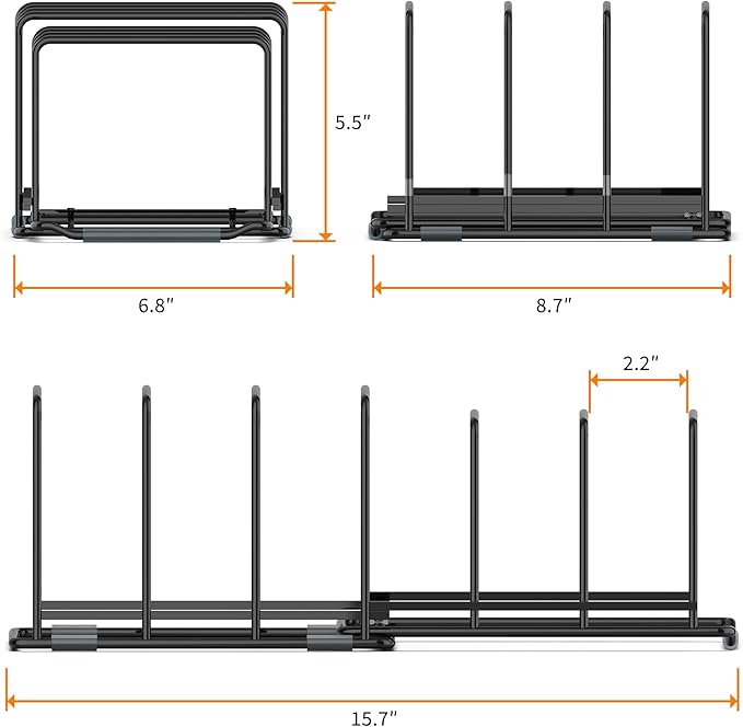 Adjustable 2.2in Pan Organizer Rack - for Pots,Pans,Cutting Boards,Cookie Sheets & Muffin Pans with 6 Slots,Non-Slip-8.7 * 6.8 * 5.5 inch