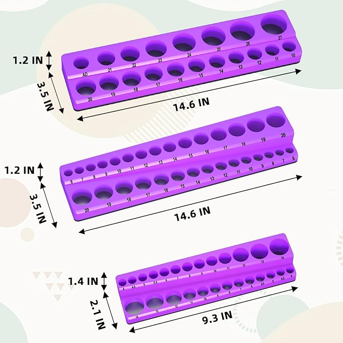 Magnetic Socket Organizer Set, 3-Piece Socket Holder Trays for 1/4" 3/8" 1/2" Drive Sockets, Organizes 68 Metric Sockets, Purple Tool Box Organizer (Sockets Not Included)