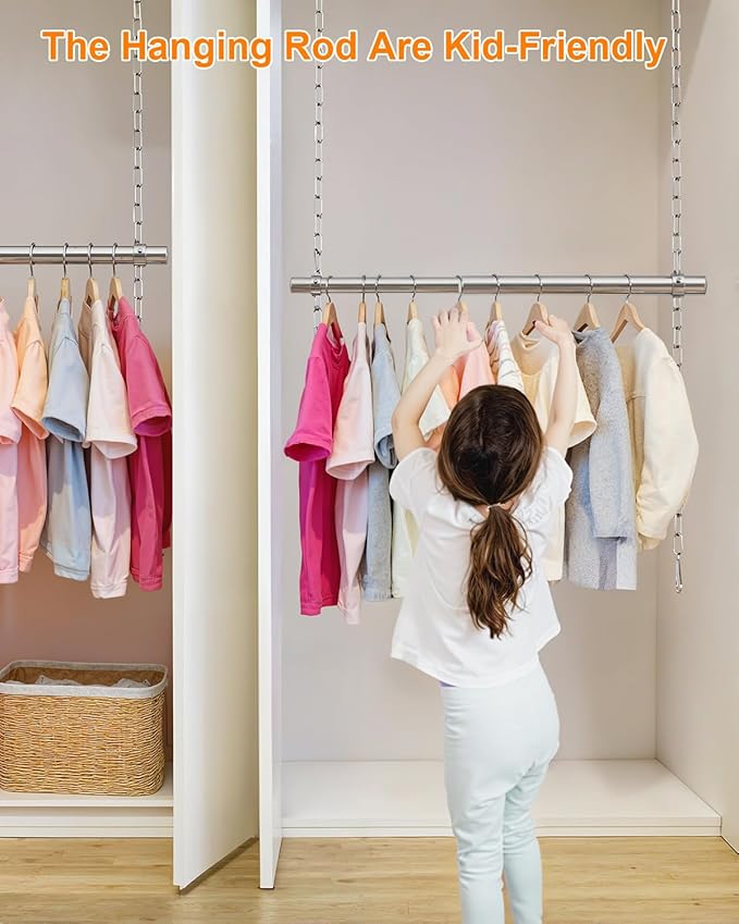 Hanging Closet Rod, Adjustable Width and Height Closet Rods Extender, 17-40inch Heavy-Duty Stainless Steel Bar, Space-Saving Closet Rod Hanging Clothes, 2Pack(Silver)