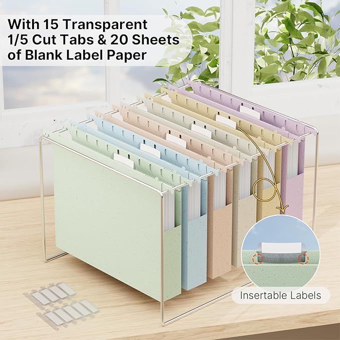 Wheat Straw Plastic Hanging File Folder Letter Size, 12 Pack Extra Capacity Hang Folders with Tabs for Filing Cabinet, Heavy Duty 1" Pastel Expanding Pocket for File Frame Box, File Organizer