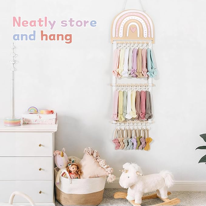 POVETIRE Headband Holder Bow Holder for Girls Hair Bows, Rainbow Hair Accessories Organizer Storage Wall Hanging Display for Baby Girl Nursery