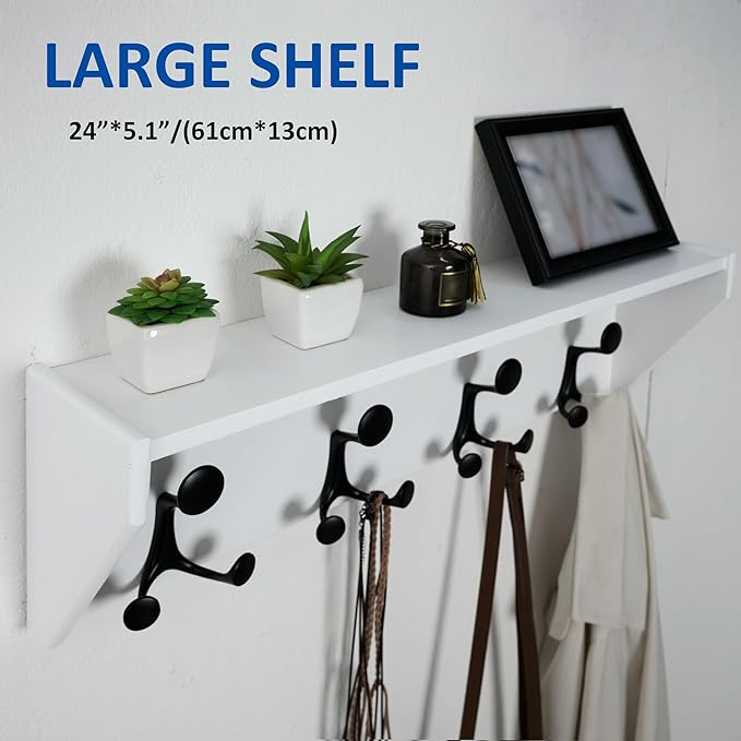 WEBI Wall Shelf with Hooks Underneath,24” Long Wall Mounted Coat Rack with Shelf,Entryway Coat Rack with 4 Triple Hooks for Hanging Coats,Jacket,Hallway,Bedroom,Mudroom,White