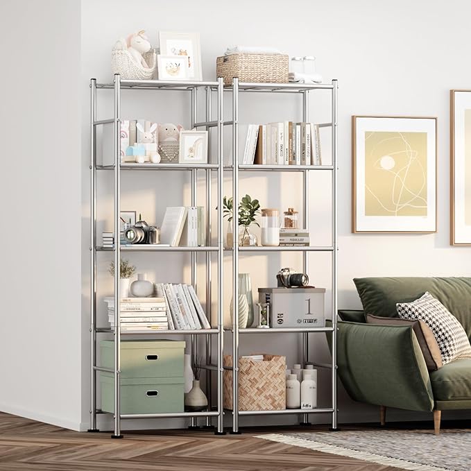 Storage Shelves - Set of 2, 5-Tier Metal Shelf Organizer, Space-Saving Garage Shelving with Leveling Feet, Standing Shelves Organizer for Kitchen, Laundry, Pantry (18.4"x12.6"x57.4", Silver)