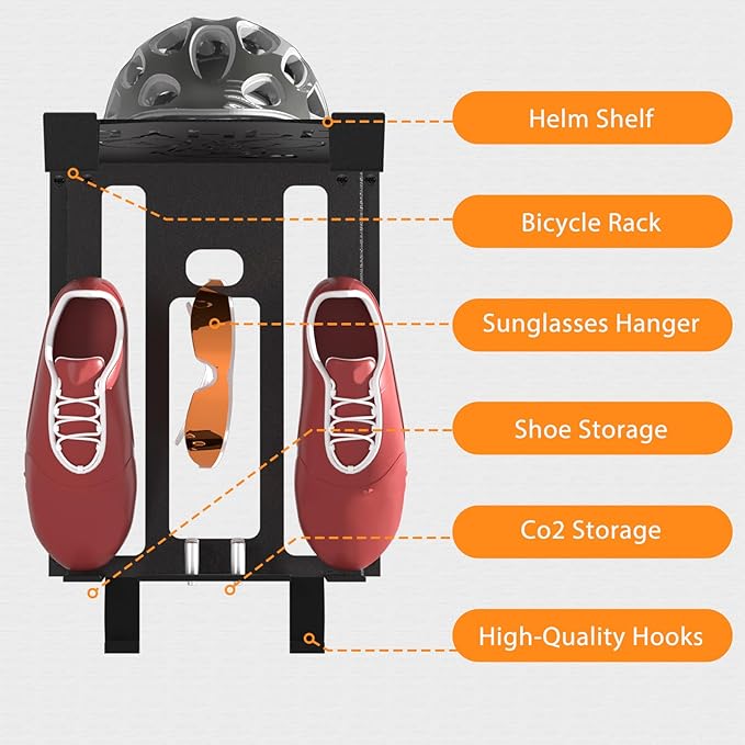 Bike Wall Mount Rack, Wall Bike Rack with Shelf and Hooks, Bike Storage Wall Mount System For Race Bicycles and Mountain Bikes, Space Saving Wall Mounted Hanger for Garage, Store your helmet and shoes