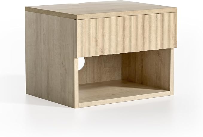 Floating Nightstand with Drawer and Open Shelf, Small Wall Mounted Bedside End Table, Modern Fluted Night Stand for Bedroom, Living Room, Light Oak