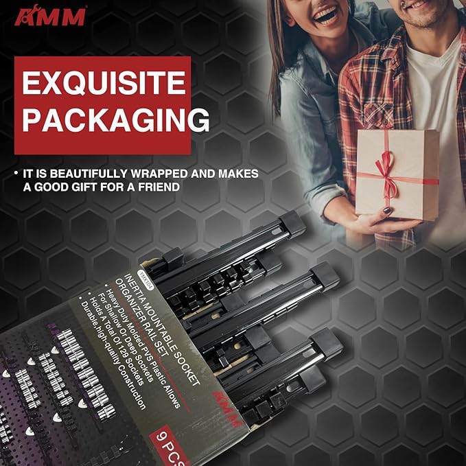 AMM 9-Piece Socket Organizer, 1/2 inch, 3/8 inch and 1/4 inch Drive ABS Tools-Black Socket Holder,Heavy Duty Socket Racks, Premium Quality Socket Clip Rail Holder,The best tool trays in the garage