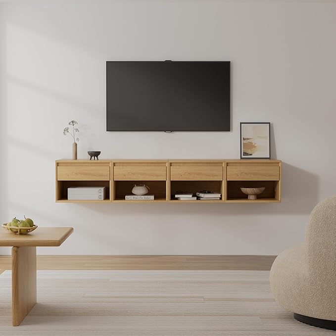 Floating Nightstand Set of 4, Wall Mounted Bedside Table with Storage Drawer and Open Shelf, Modern Night Stand with Handless Design for Living Room, Bedroom, Dorm, Natural Oak