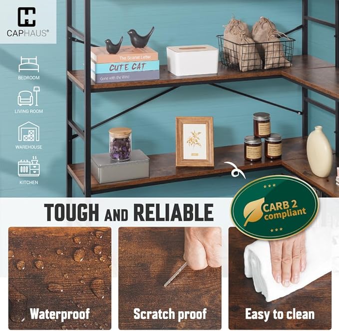 CAPHAUS L-Shaped Bookshelf, 5 Tier Industrial Corner Bookcase, Tall Corner Shelf with Metal Frame, Wooden Board, Open Display Shelf for Living Room, Bedroom, Home and Office, Rustic Oak