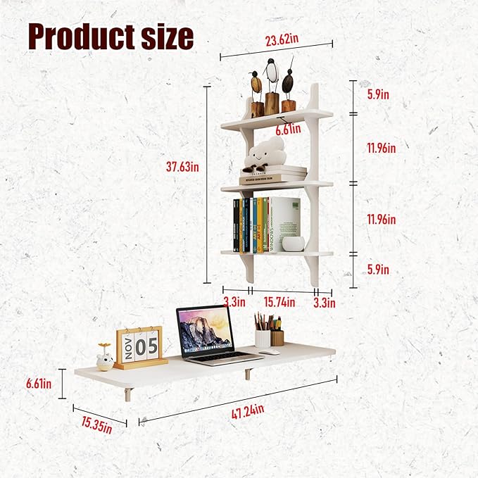 Pmnianhua Wall Mounted Folding Table, 47'' Floating Laptop Desk with Shelves, Foldable Drop Leaf Table, Wall Mount Fold Down Table for Laundry Room Kitchen Bar Home Office Small Space(White)