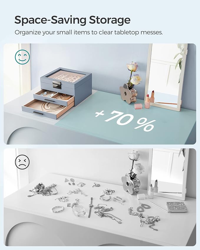 SONGMICS Jewelry Box Organizer with Glass Lid, 3-Layer Jewelry Storage, with 2 Drawers, Modern Style, Christmas Gift, 8 x 9.1 x 5.3 Inches, Smoky Blue and Silver UJBC239BU