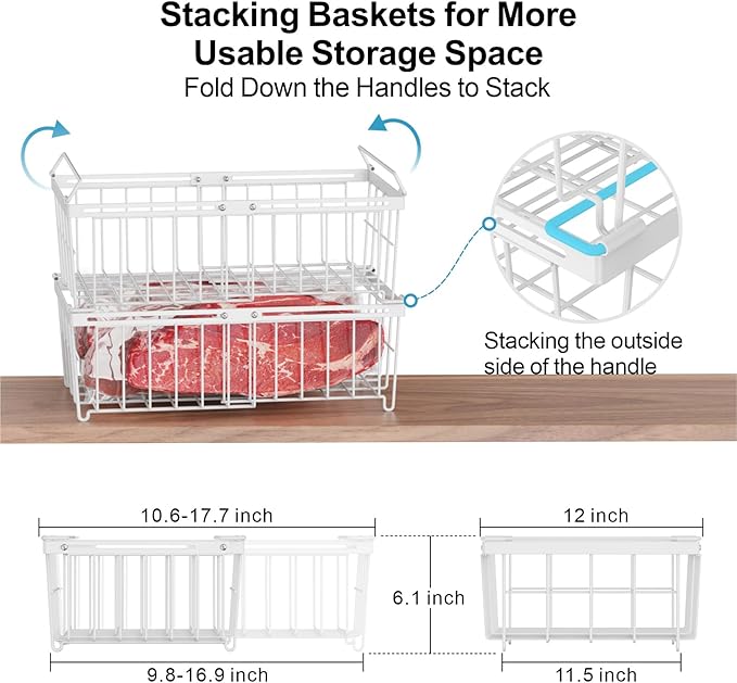 iSPECLE Freezer Organizer Bins - Fit 10 to 20 Cu Ft Chest Freezer, 2 Pack Large Expandable Stackable Deep Freezer Organizer Bins Sort and Easily Get Food without Digging in the Freezer, White