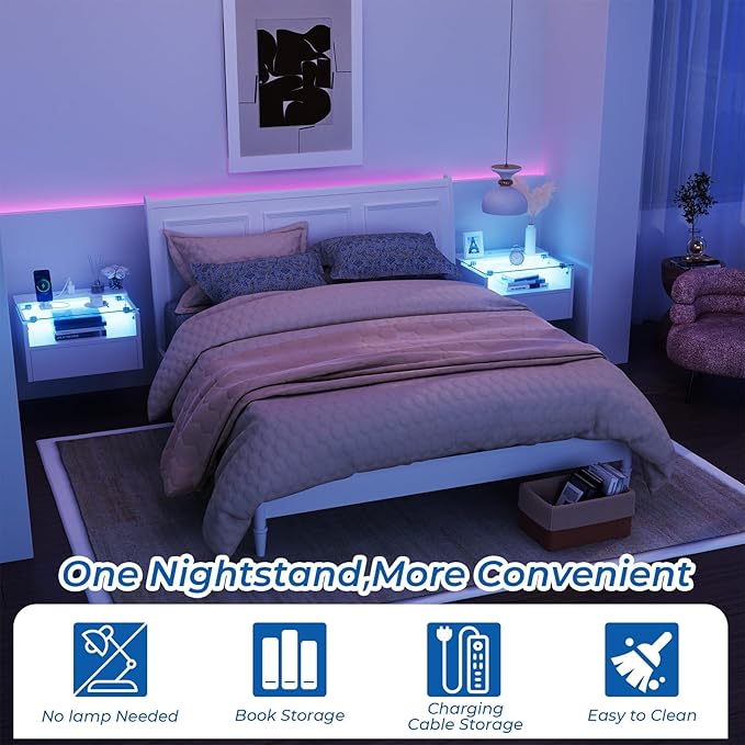 Loomie White Floating Nightstands Set of 2, 18.9” Bedside Table w/Charging Station and LED Light, Floating Shelf with Drawer, Wall Mounted Night Stand for Bedroom, Entryway Wall.